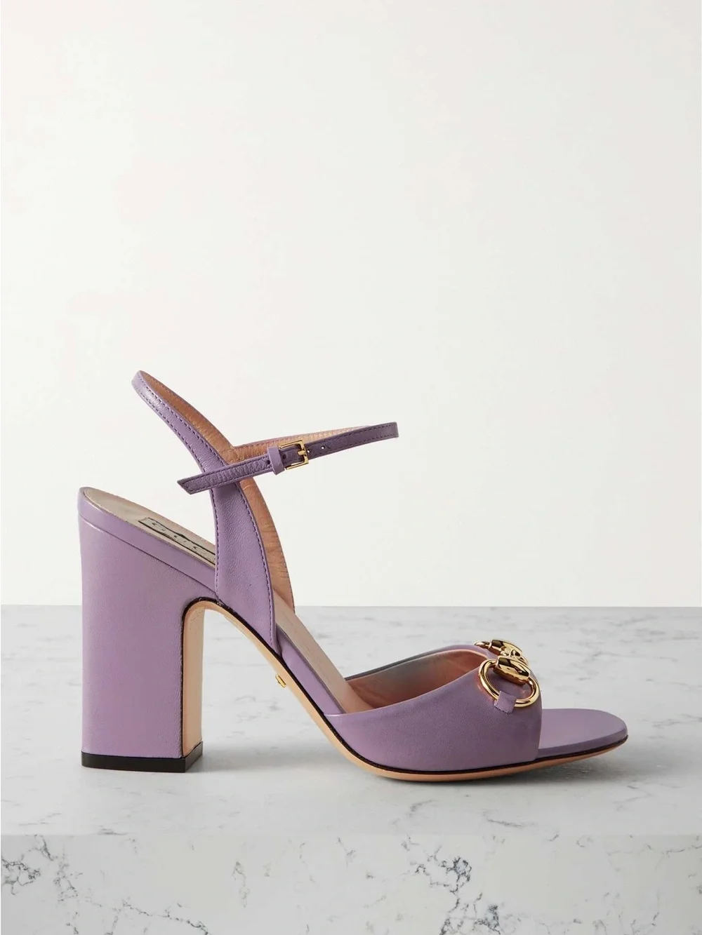 Gucci horsebit Lilac Leather Block Heel Sandals with Gold Hardware. Full inclus!